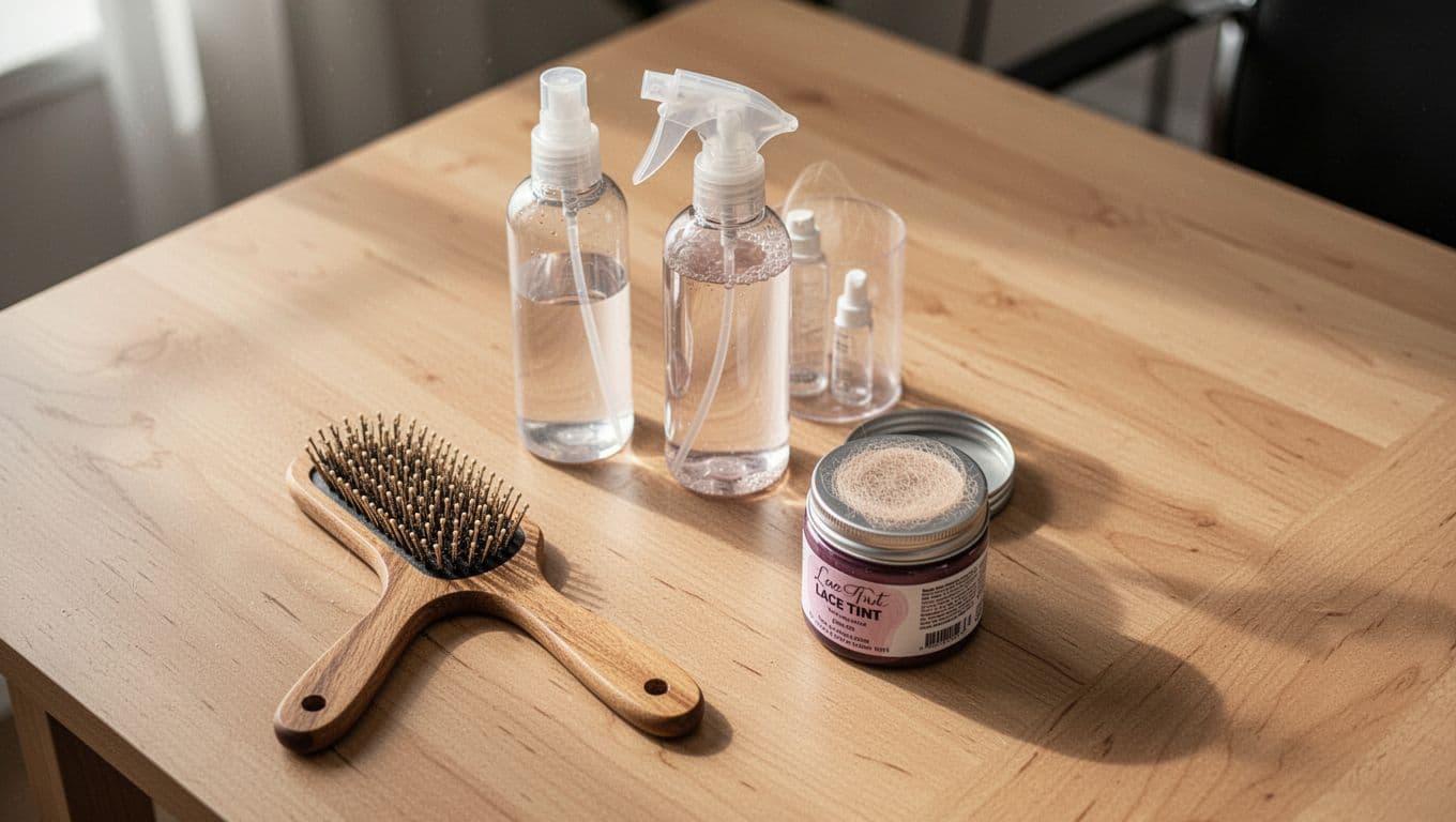 Wig brush, spray bottle, and lace tint on a wooden table.