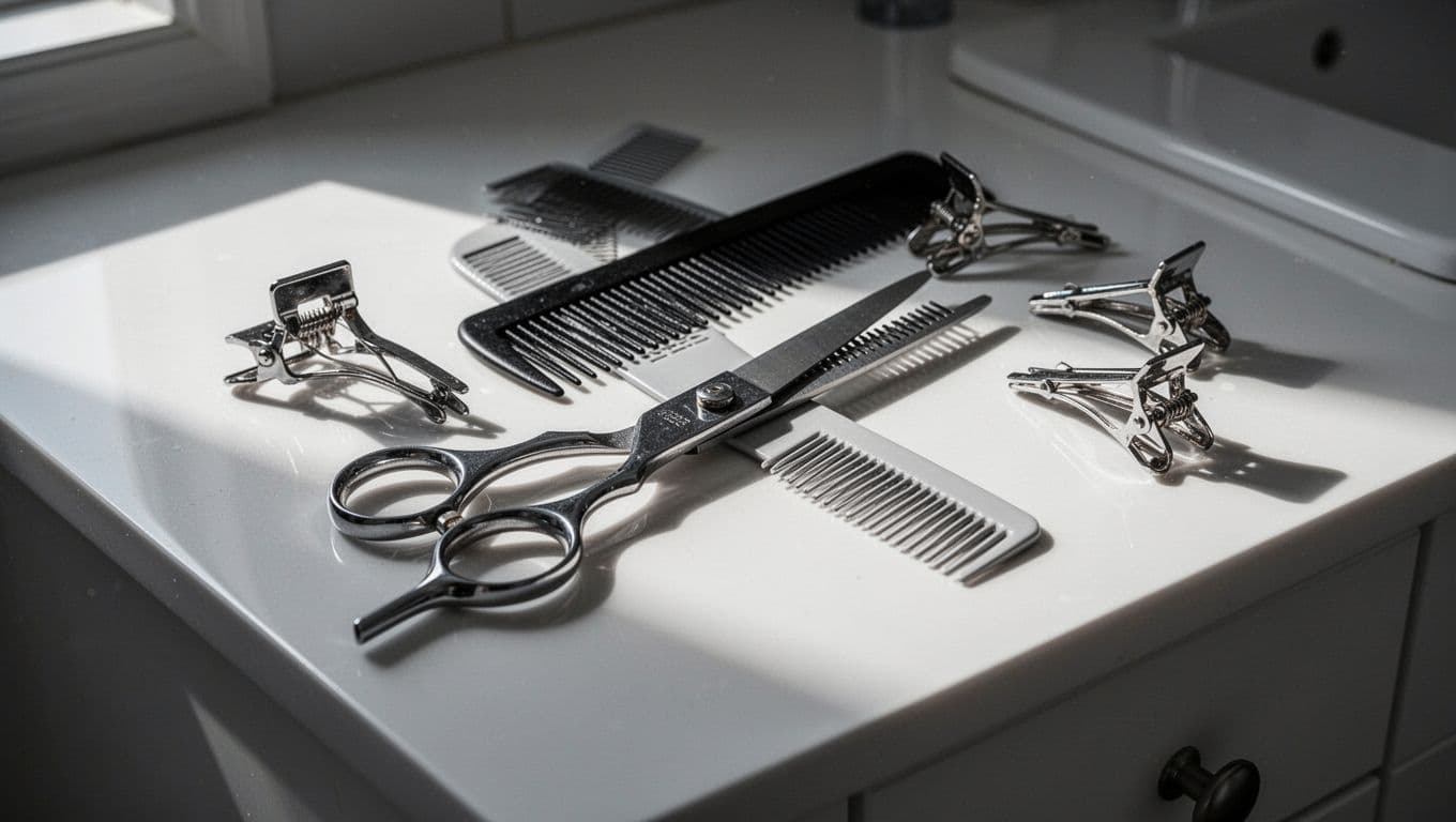 Hair scissors, a wide-tooth comb, and clips on a white vanity.