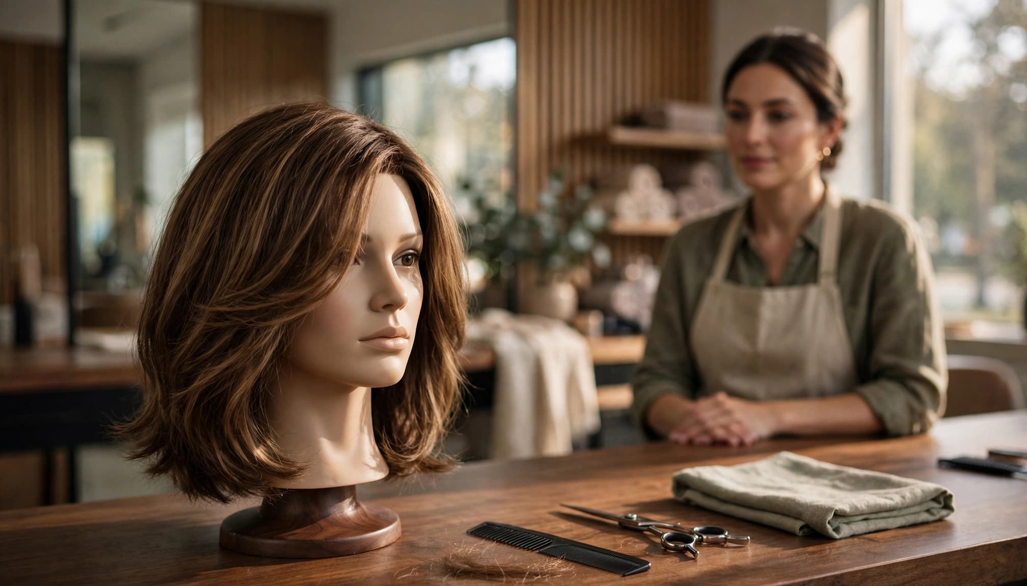 A stylist assesses a layered wig displayed on a salon mannequin.