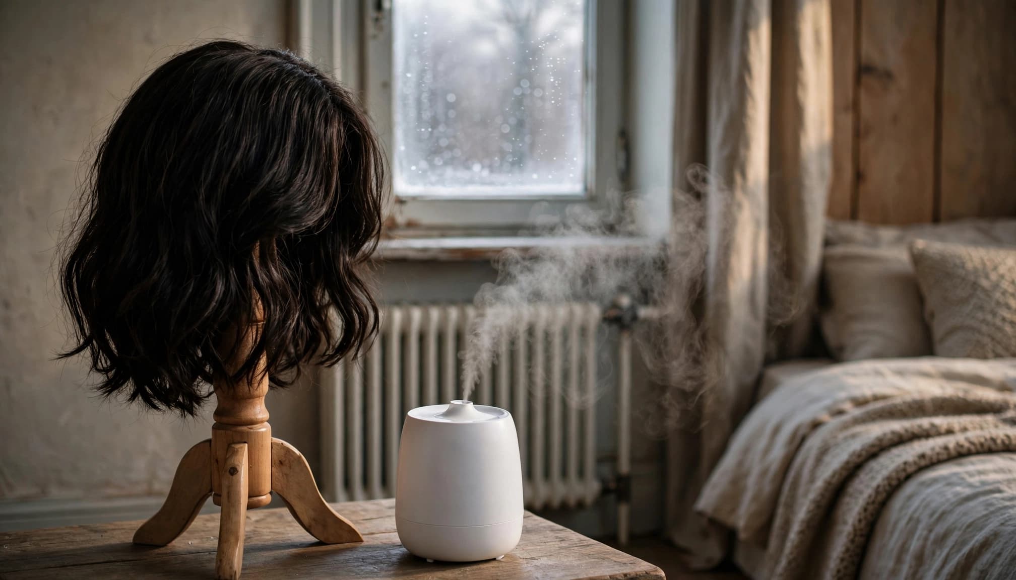 A dark wig on a wooden stand beside a humidifier, with a radiator and misted window behind.