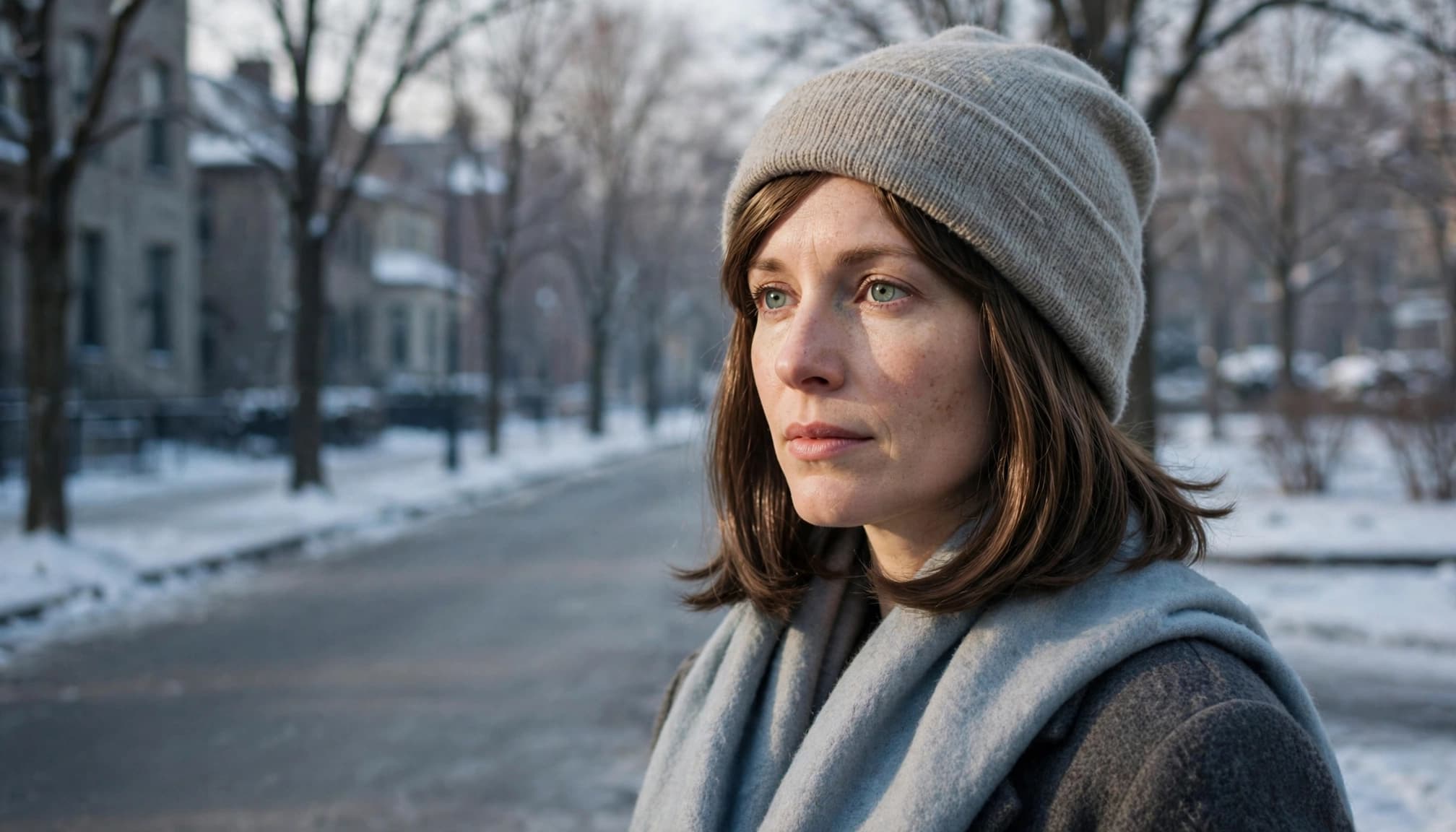 A woman in a beanie and scarf stands on a snowy city street with her hair ends visible.