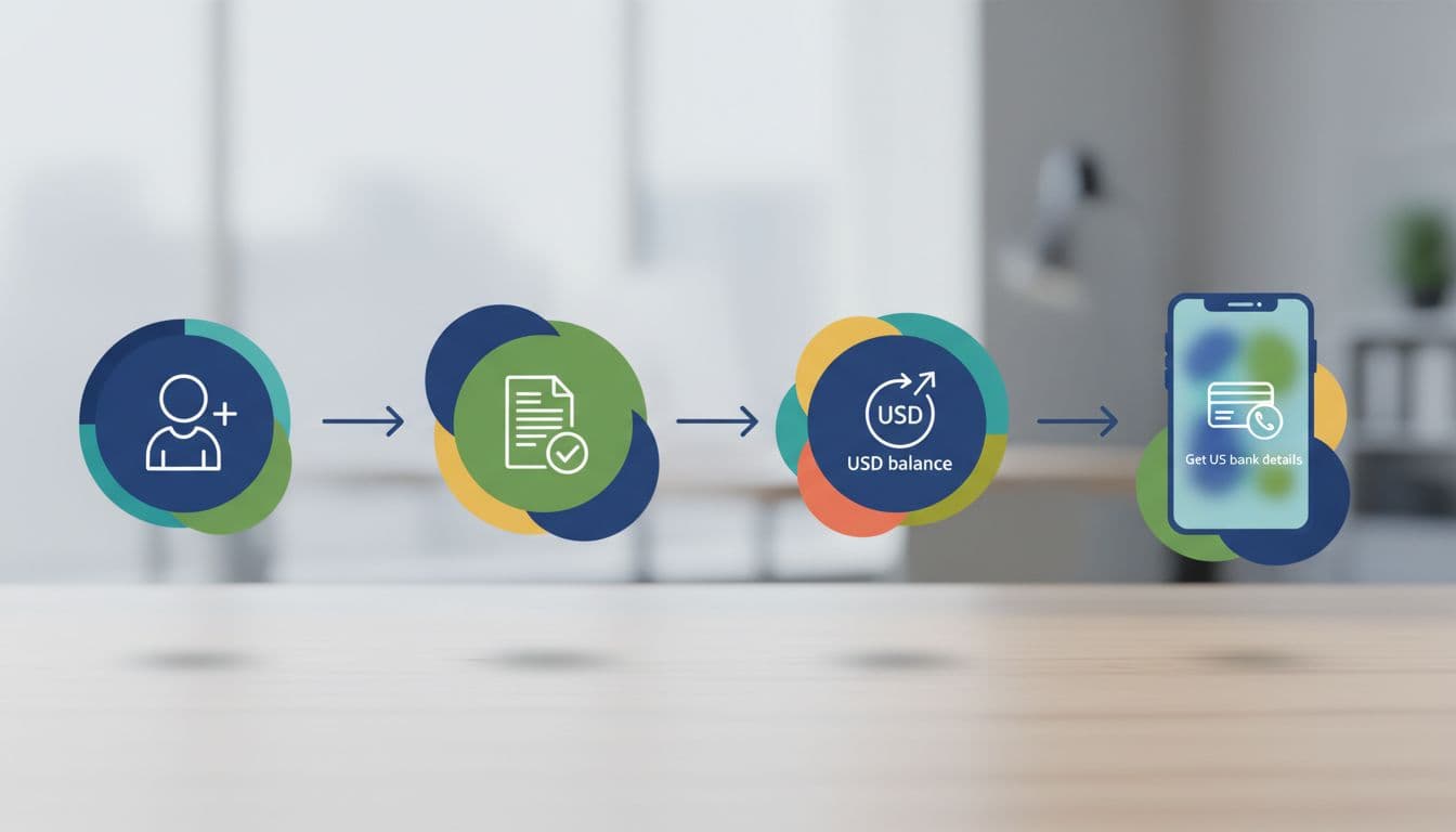 Modern illustration visualizing the sequential steps for opening a Wise account and getting US bank details, with icons for signup, document verification, USD balance activation, and bank details on a blurred mobile phone screen, arranged in a clean horizontal flow on a desk using blues, greens, and warm accents.