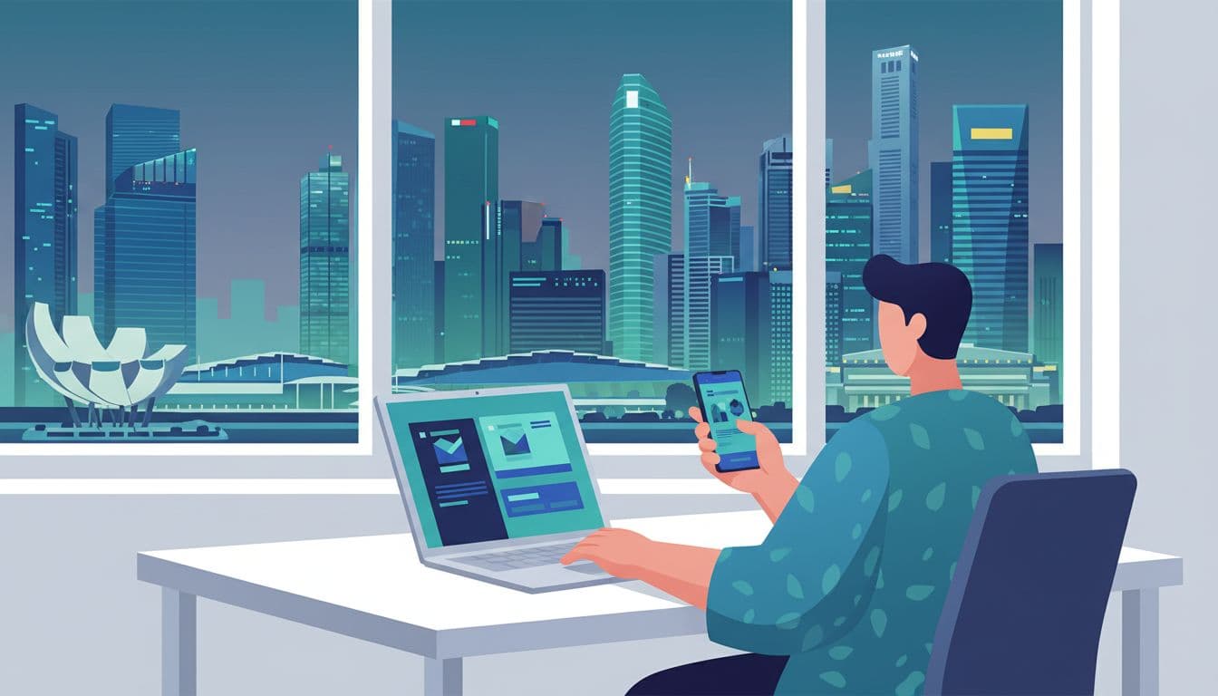 Modern illustration of a person at a desk with a laptop open to a banking app, holding a phone, and a Singapore skyline in the background window. Clean shapes in blues and greens emphasize the relaxed setup process with focus on devices.