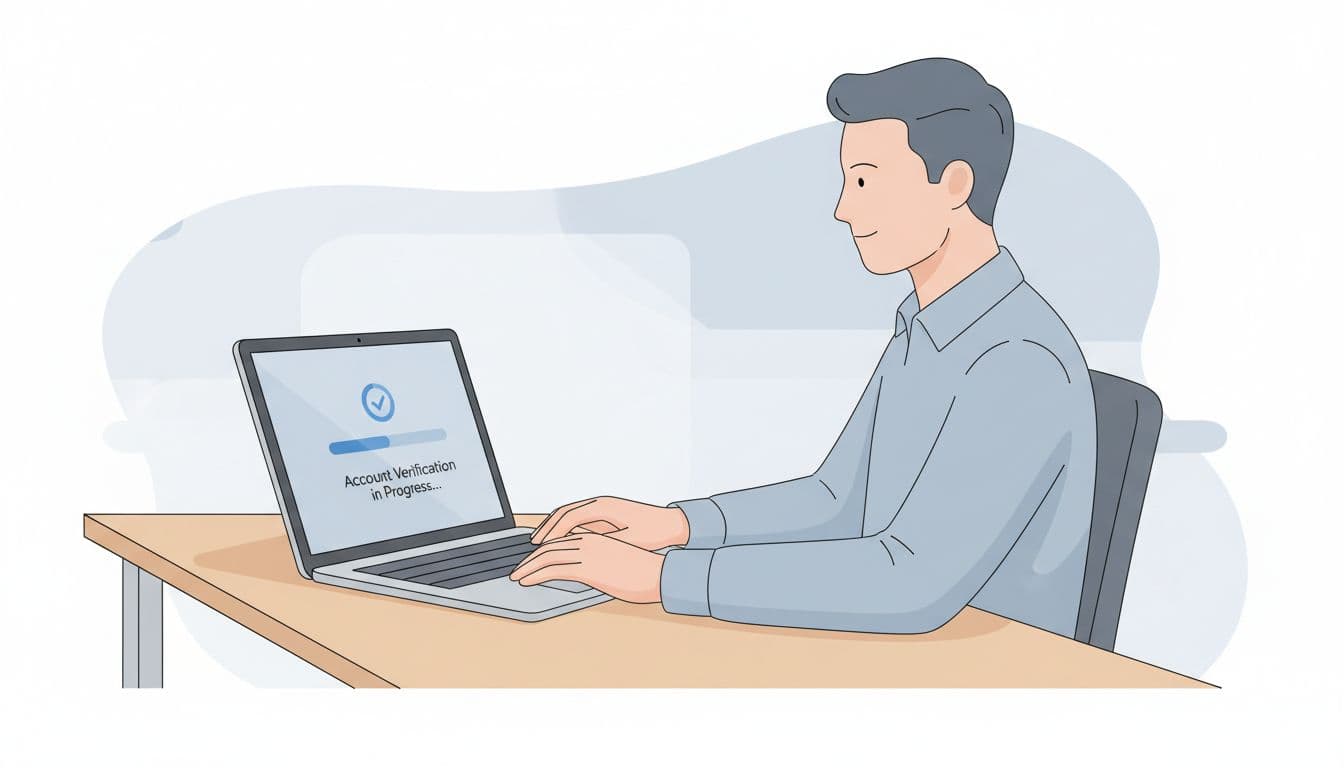 Modern illustration of a business professional relaxed at a desk with laptop showing account verification progress bar in soft blues, grays, and whites.