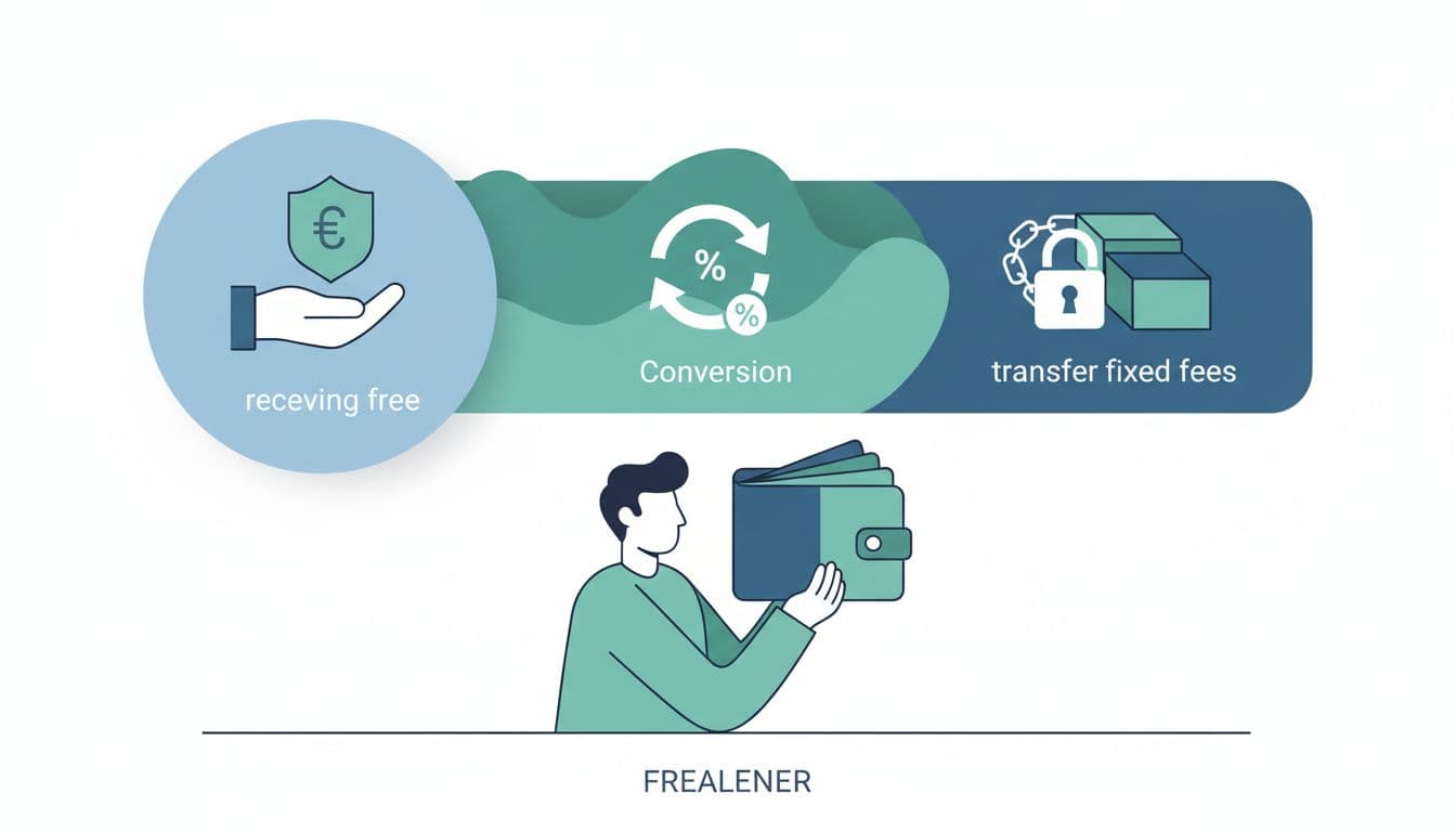 Modern clean illustration in blue-green palette showing infographic chart of Wise fees: free receiving, 0.57% conversion, fixed transfer fees, with minimalist freelancer holding multi-currency wallet.