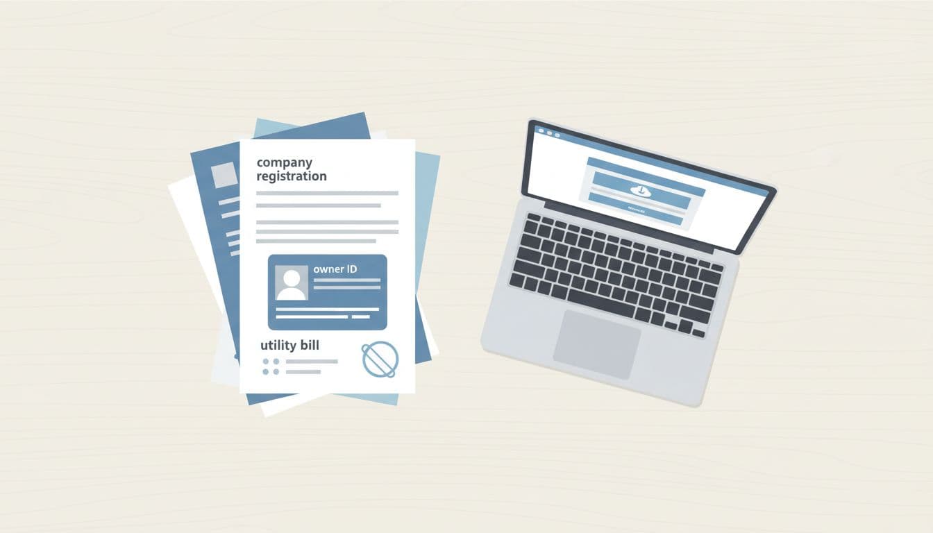 Modern top-down illustration of a stack of business verification documents including company registration, owner ID, and utility bill neatly laid out on a wooden desk beside an open laptop, using clean shapes and a soft palette of blues, grays, and whites.