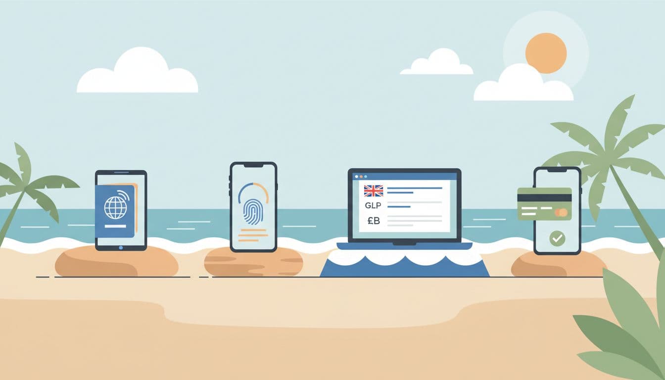 Modern illustration in a beach-themed color palette featuring clean, sequential icons for opening a Wise GBP account: passport scan, phone verification, and GBP details entry on simple devices, flowing left to right with no text or people.