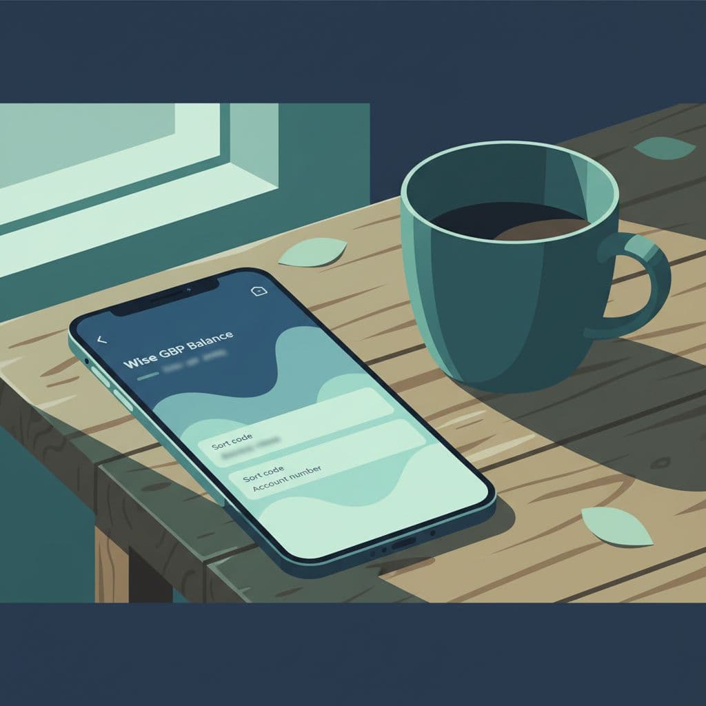 Modern illustration in blues and greens showing close-up angled phone screen with blurred Wise GBP balance and sort code details, coffee mug nearby on wooden table in natural light, relaxed everyday setting.