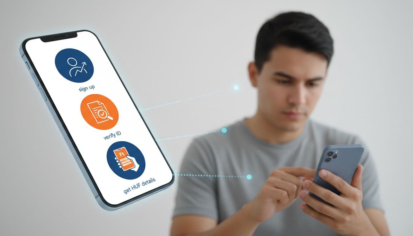 Modern illustration of step-by-step icons for signing up, verifying ID, and accessing HUF details on a phone screen, with one person using the app in the background. Clean design with blue and orange colors.