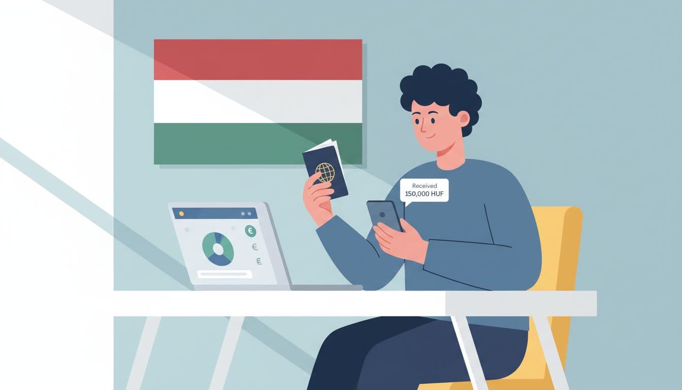 Modern illustration of a person at a desk with laptop open to Wise app, Hungarian flag background, holding passport, and receiving HUF notification on phone. Features clean shapes, blue-green colors, strong composition, and natural lighting.