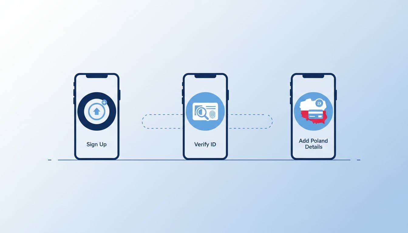 Modern illustration of step-by-step icons for opening a Wise account: sign up, verify ID, add Poland details on phone screen, with clean shapes in blues and whites, sequential left-to-right composition.