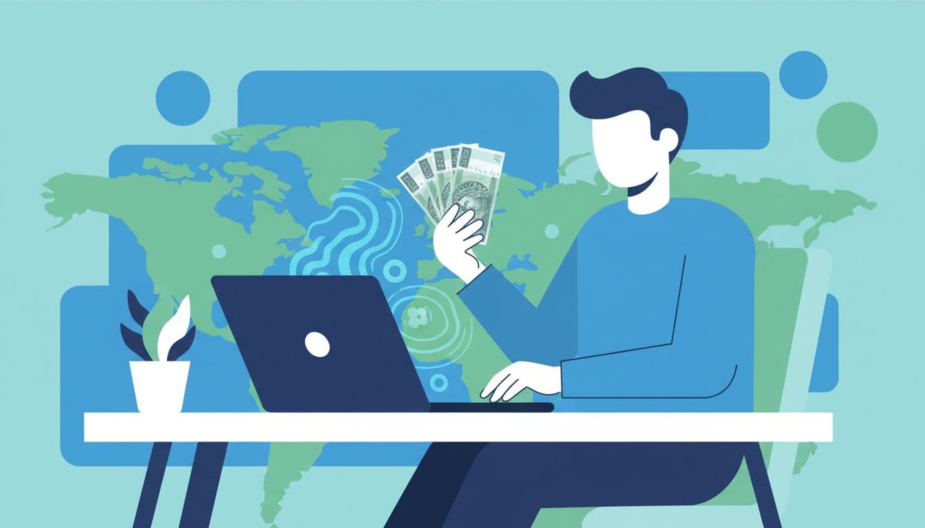 Modern illustration of a person sitting at a desk with laptop open to Wise app, holding Polish zloty currency notes, featuring clean shapes in controlled blue and green colors and strong composition.