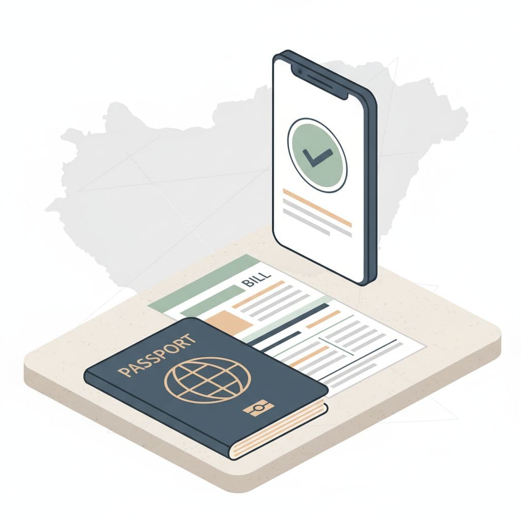 Modern illustration of a passport, utility bill, and Wise verification checkmark on a table with subtle Hungarian map background. Clean shapes, neutral colors, strong composition, and even lighting.