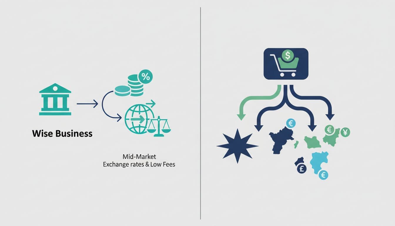 Modern side-by-side illustration comparing Wise Business and Payoneer for international payments, with Wise featuring bank transfers, low fees, and mid-market rates on the left, and Payoneer showing marketplace integrations and mass payouts on the right.