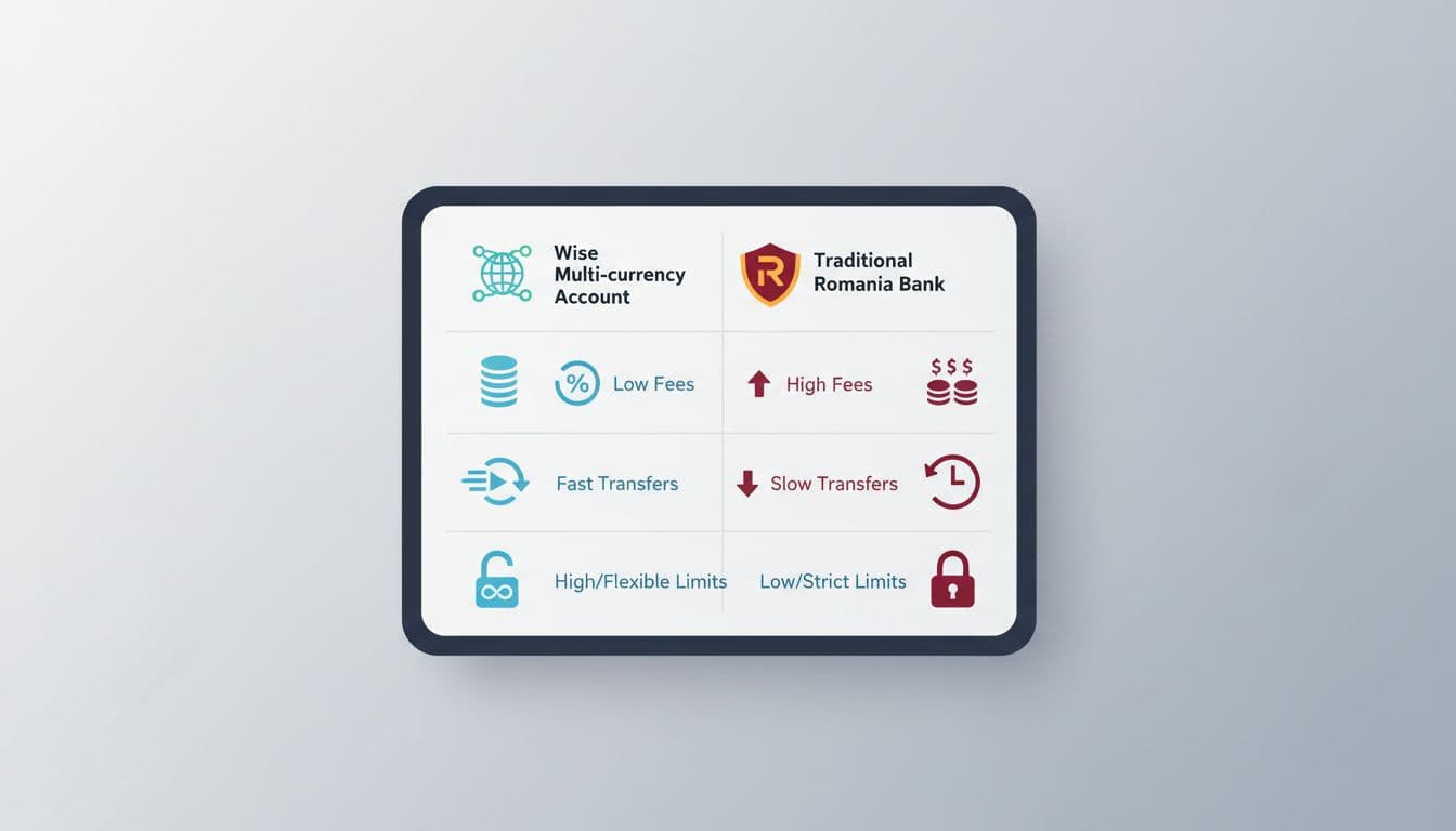Modern illustration of a comparison chart on screen showing Wise multi-currency account versus traditional Romanian bank, with icons for fees, transfers, and limits on a neutral background.