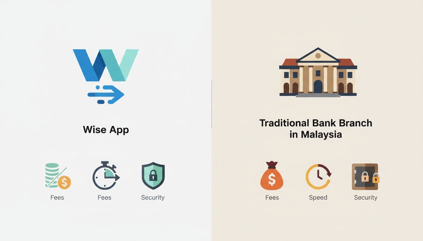 Modern side-by-side illustration comparing Wise app icons to a traditional bank branch in Malaysia, focusing on fees, speed, and security with clean shapes and neutral lighting.
