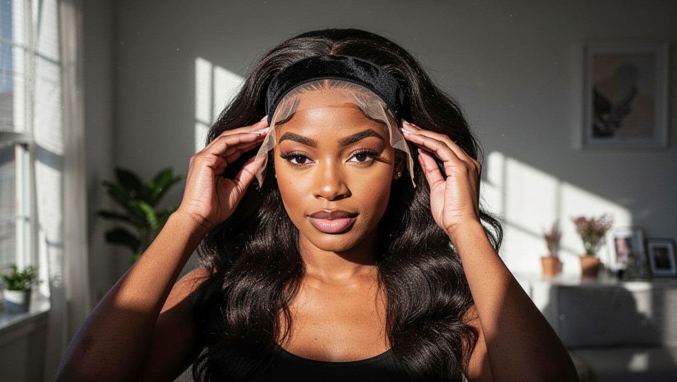 A woman adjusts a lace front wig over a velvet grip band.