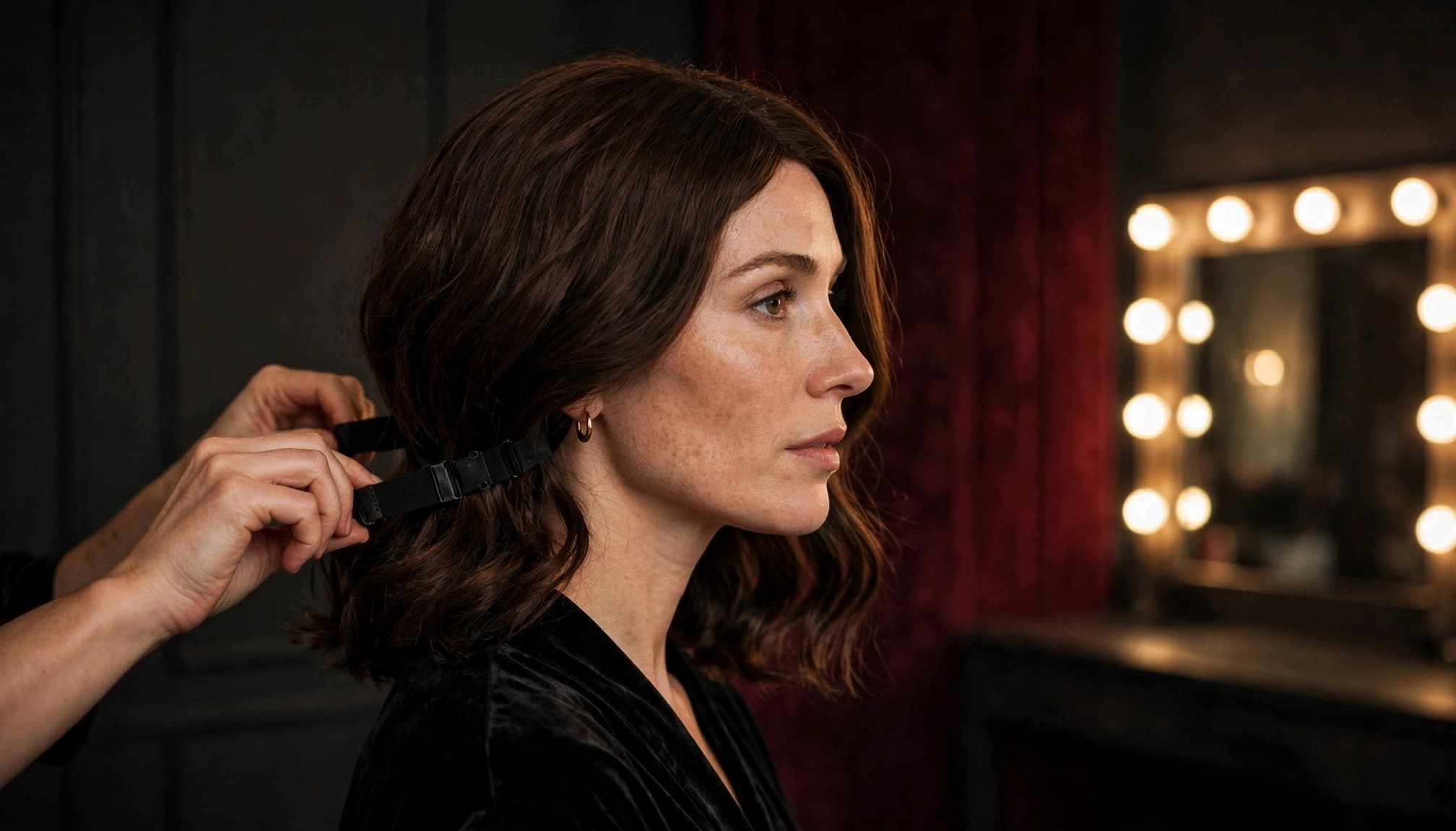 Woman checking the fit of a lace-front wig in a warmly lit dressing room.