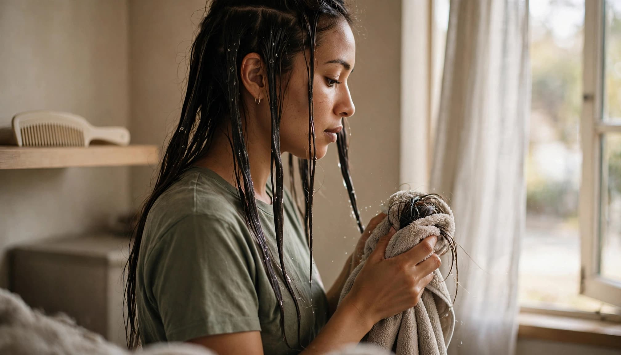 A woman gently blotting her damp, sectioned hair with a microfiber towel.