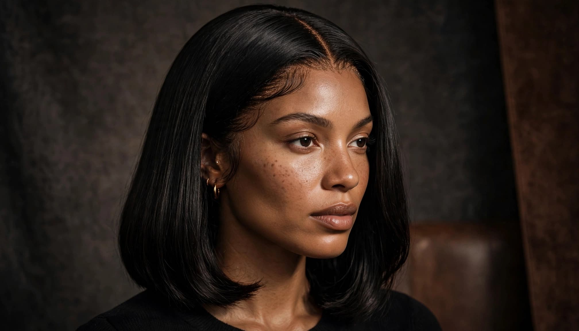 A woman models a black center-part wig against a dark studio background.