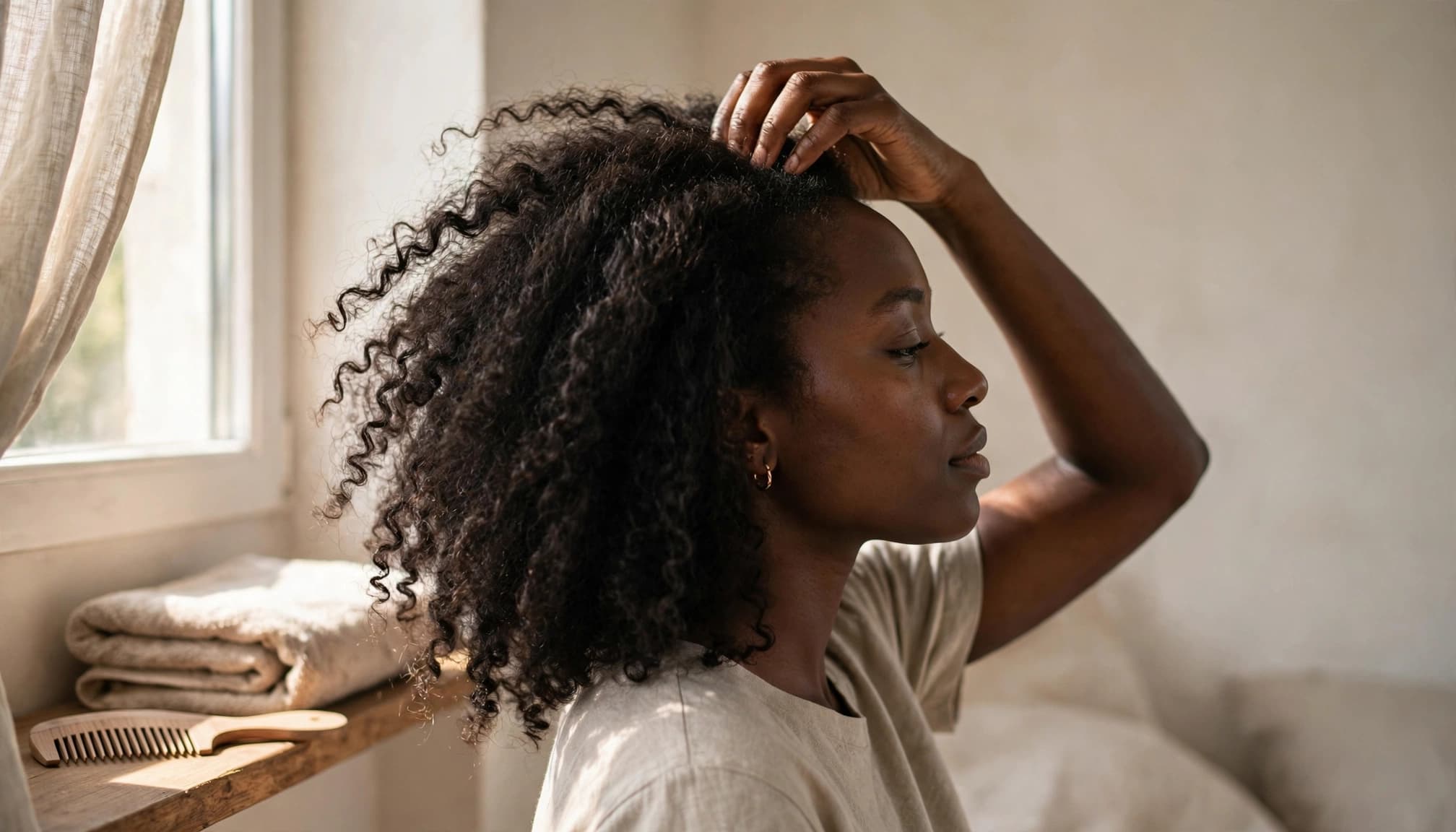 A woman gently checks the roots of her dry curls beside a bright bedroom window.