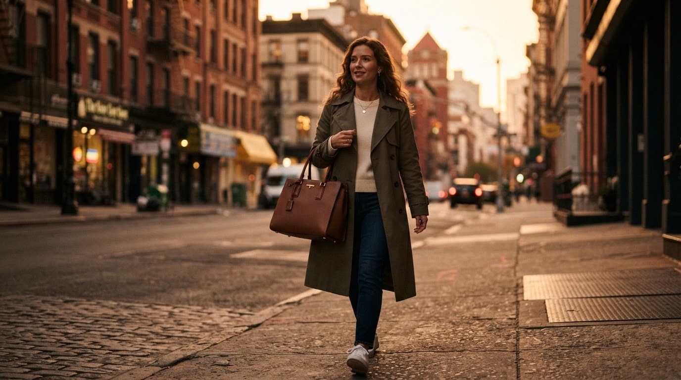 A woman walking alone with a leather handbag on a city street.