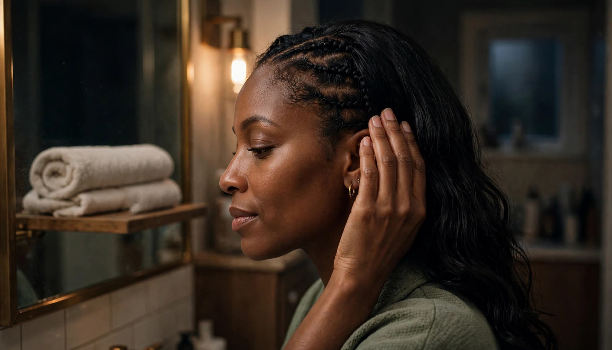A woman with braided hair gently touches her scalp near her ear in a dimly lit bathroom.
