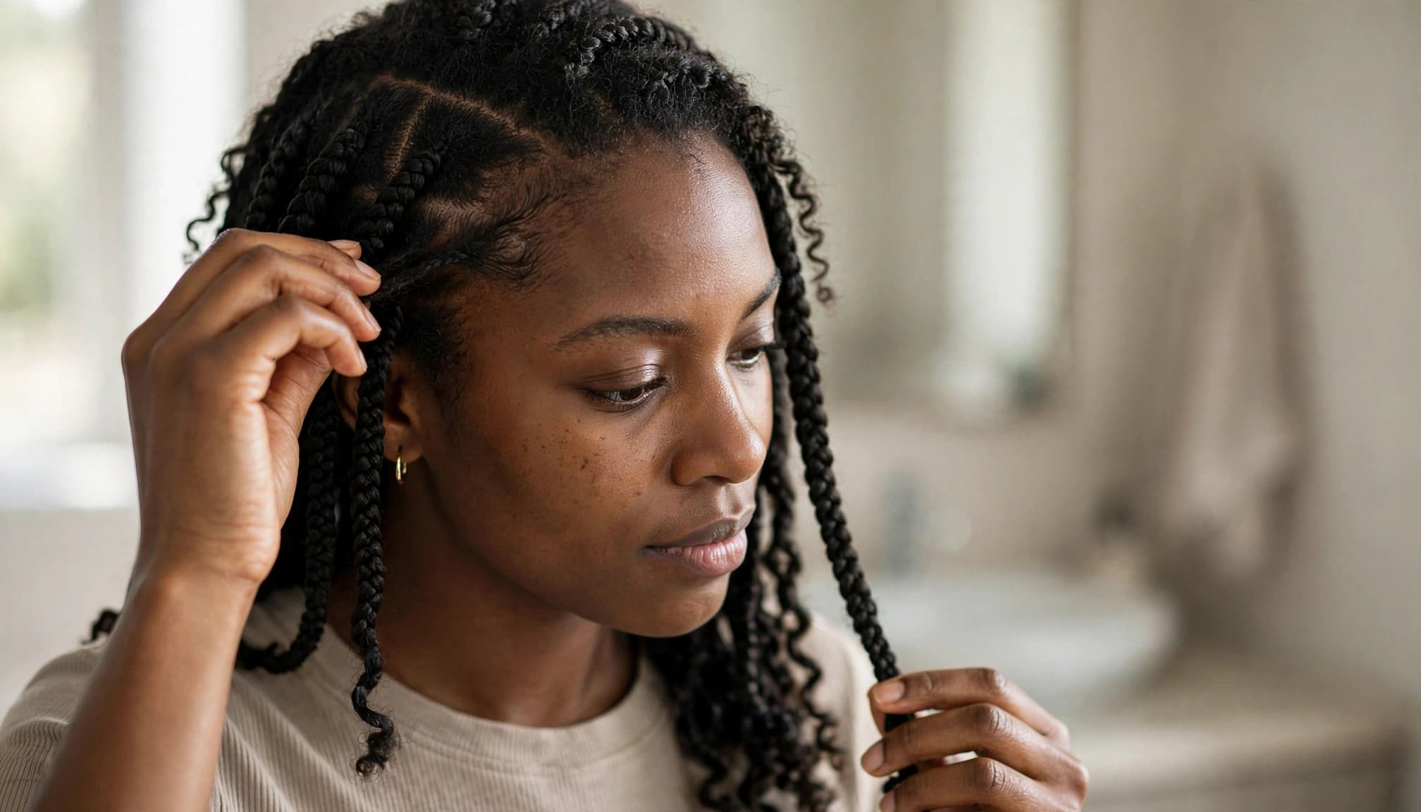 A woman parts her crochet braids to check her scalp in a bright bathroom.