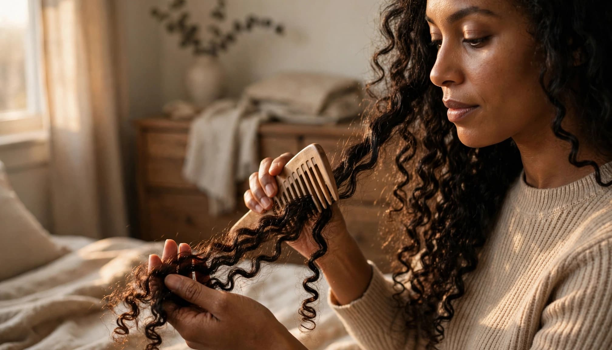 A woman gently combs the ends of her curly extensions in a softly lit bedroom.