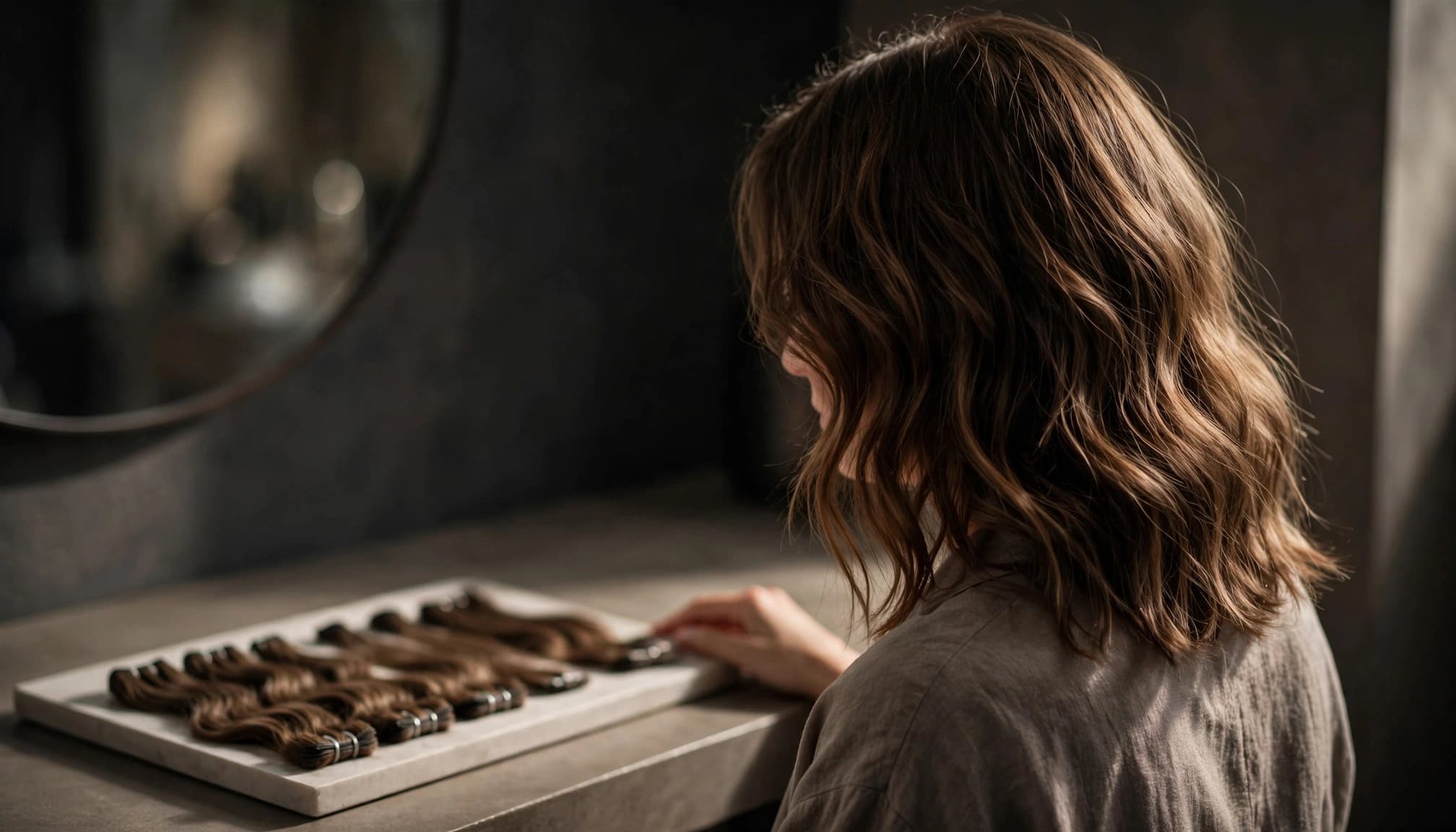 A woman checks hair extensions arranged on a vanity tray at home.