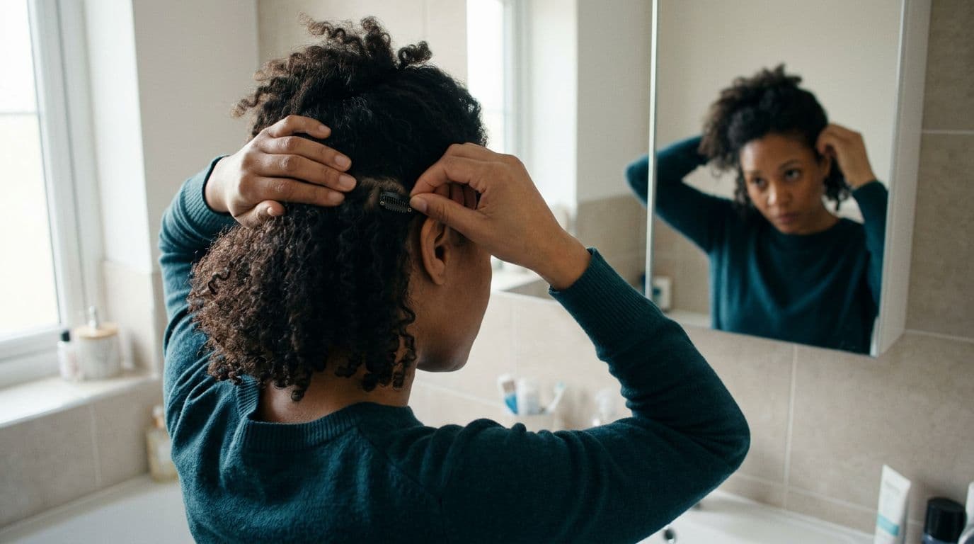 A woman gently opens a hair extension clip at the back of her head.