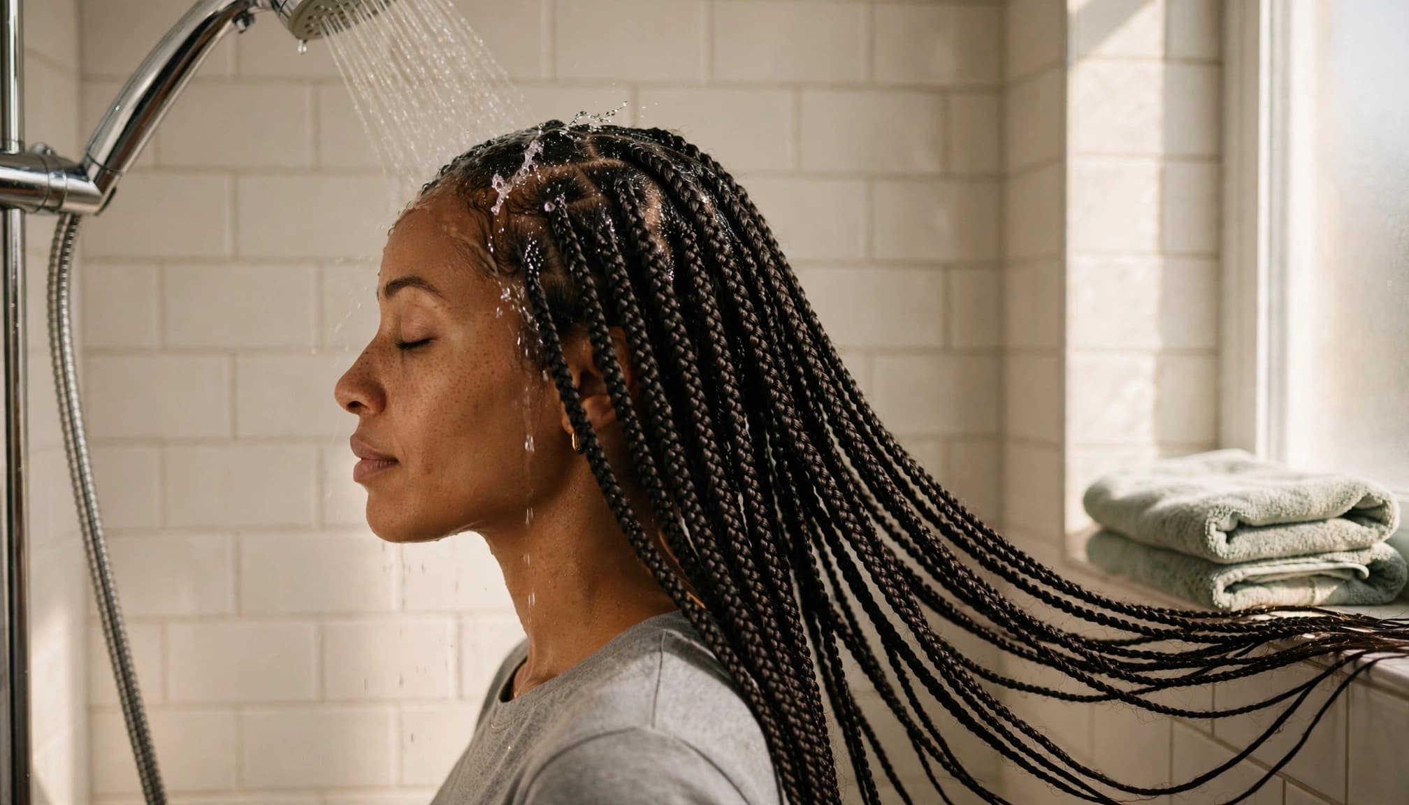 A woman with long box braids washes her scalp under a shower head.