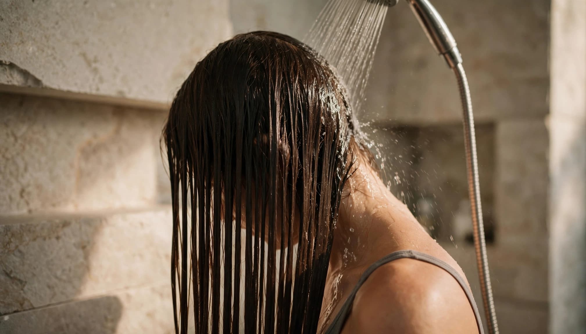 A woman gently rinses long straight extensions beneath a shower head.