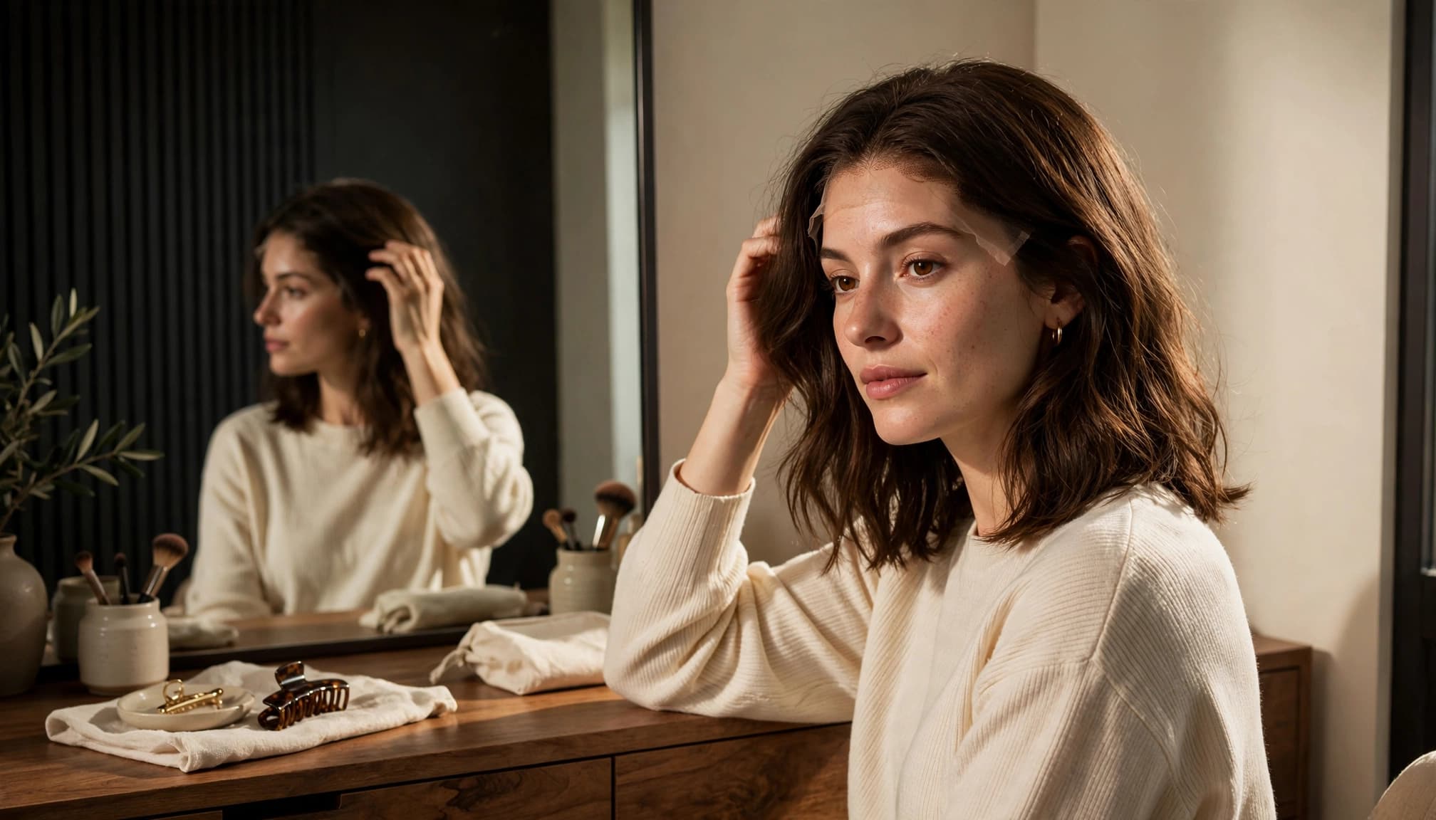 Woman styling a lace-front wig beside a tall bedroom mirror.