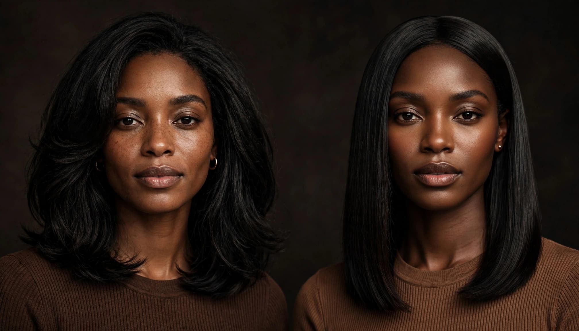 Two women compare a softly textured wig with a sleek, shiny straight wig.