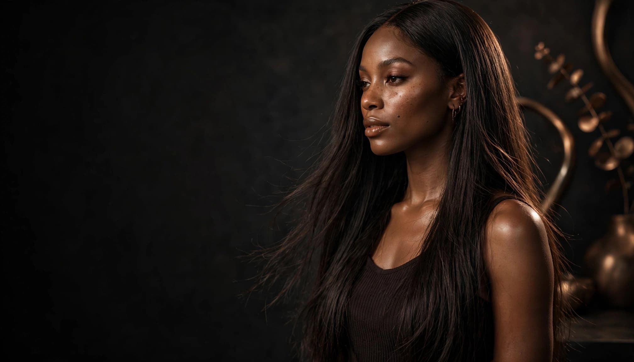 A woman in profile wears a long, softly textured straight wig.