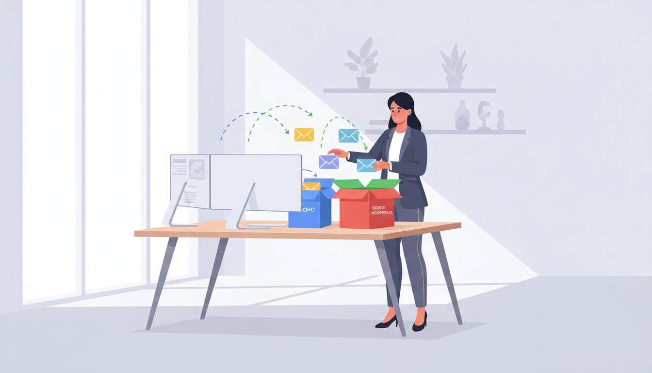 Modern illustration of a business admin at a desk transferring email icons from Zoho to Google Workspace with arrows showing migration flow in a clean office.