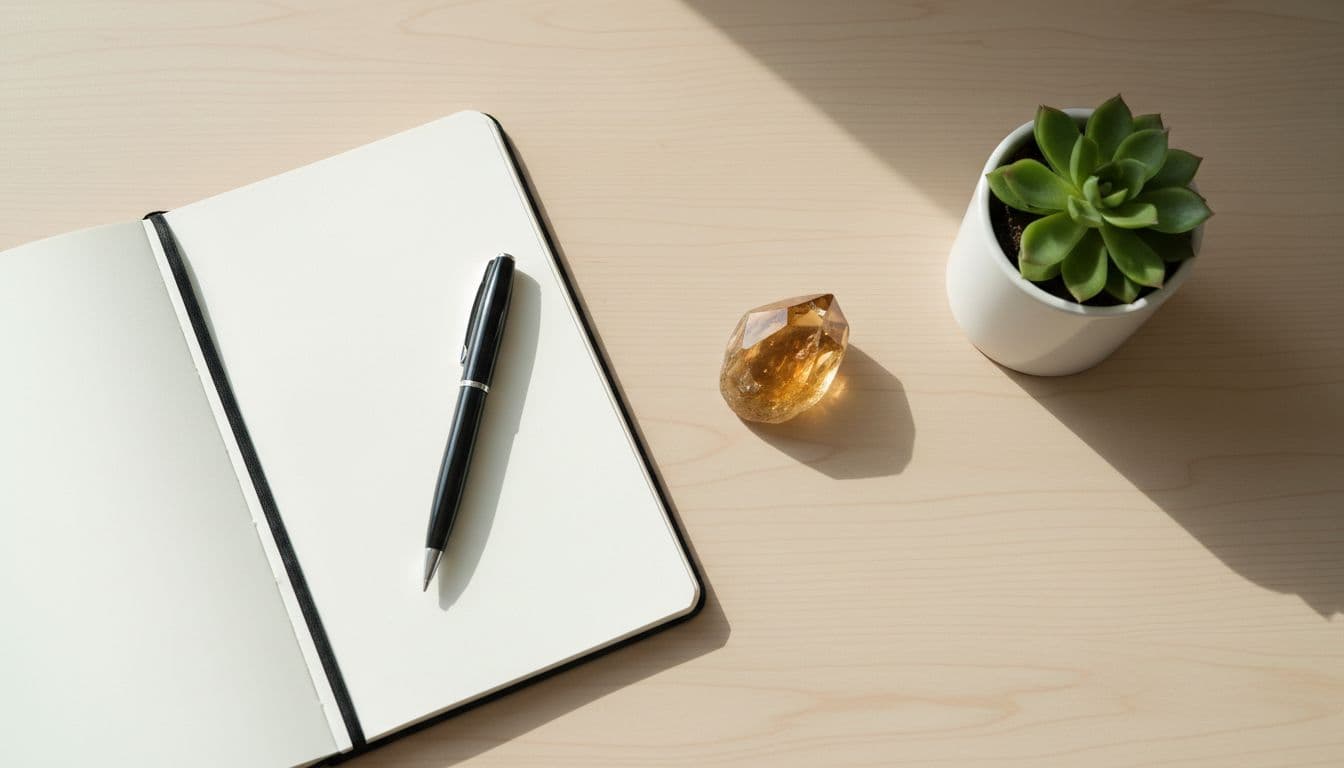 Top-down view of a simple modern desk with a single polished citrine crystal next to an open budget notebook and pen, including a small plant pot under natural daylight, photorealistic style.