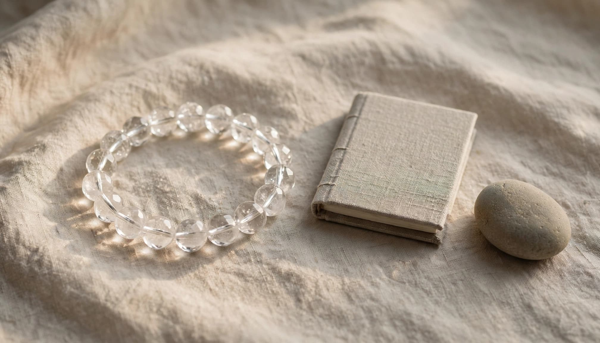 A crystal bracelet beside a closed journal and smooth stone on a sunlit table.