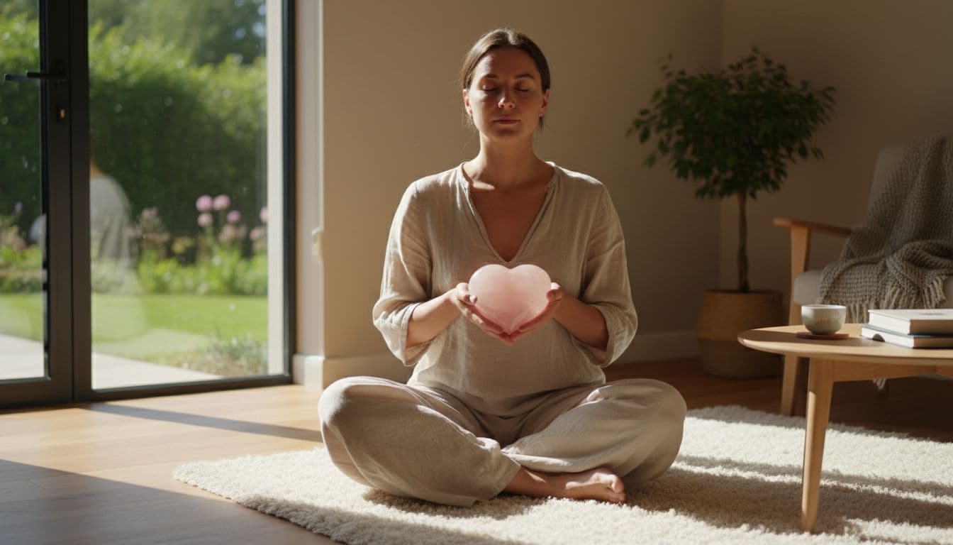 A relaxed person sits in a sunlit room while holding a smooth heart-shaped rose quartz stone.