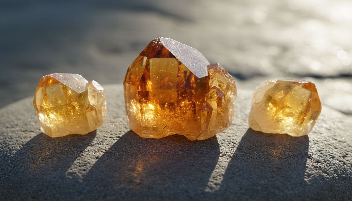 Cluster of raw citrine crystals in warm yellow to deep golden hues on a smooth stone surface, with soft sunlight highlighting translucency and sparkle.
