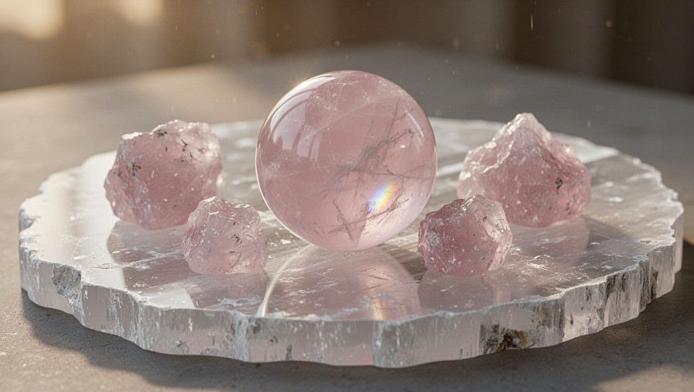 A smooth polished rose quartz sphere in the foreground accompanied by three smaller raw rose quartz chunks in soft pink hues with milky translucency, all resting on a large flat white selenite slab under warm diffused morning light creating gentle highlights and subtle rainbows.
