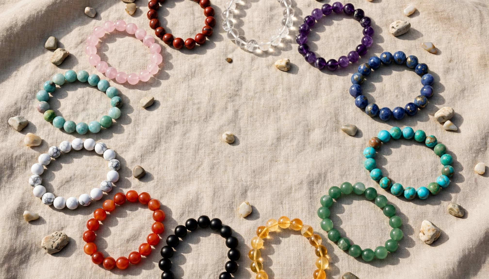 Twelve colorful crystal bracelets arranged in a circle on a neutral tabletop.