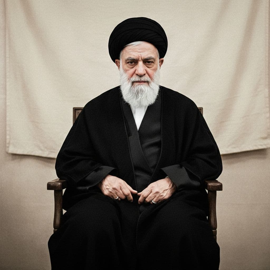 Elderly bearded Shia cleric in black robes and turban with a stern serious face, historical black and white photo realistic style converted to color, minimal background, soft natural light, exactly one person.