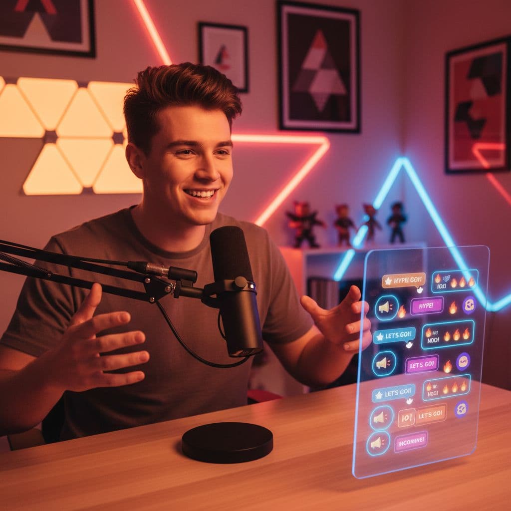 Dynamic close-up of a solo live streamer at a modern desk with microphone stand and glowing chat screen showing excited audience comments like megaphone emojis, in a vibrant home studio with soft neon lights and warm lighting.