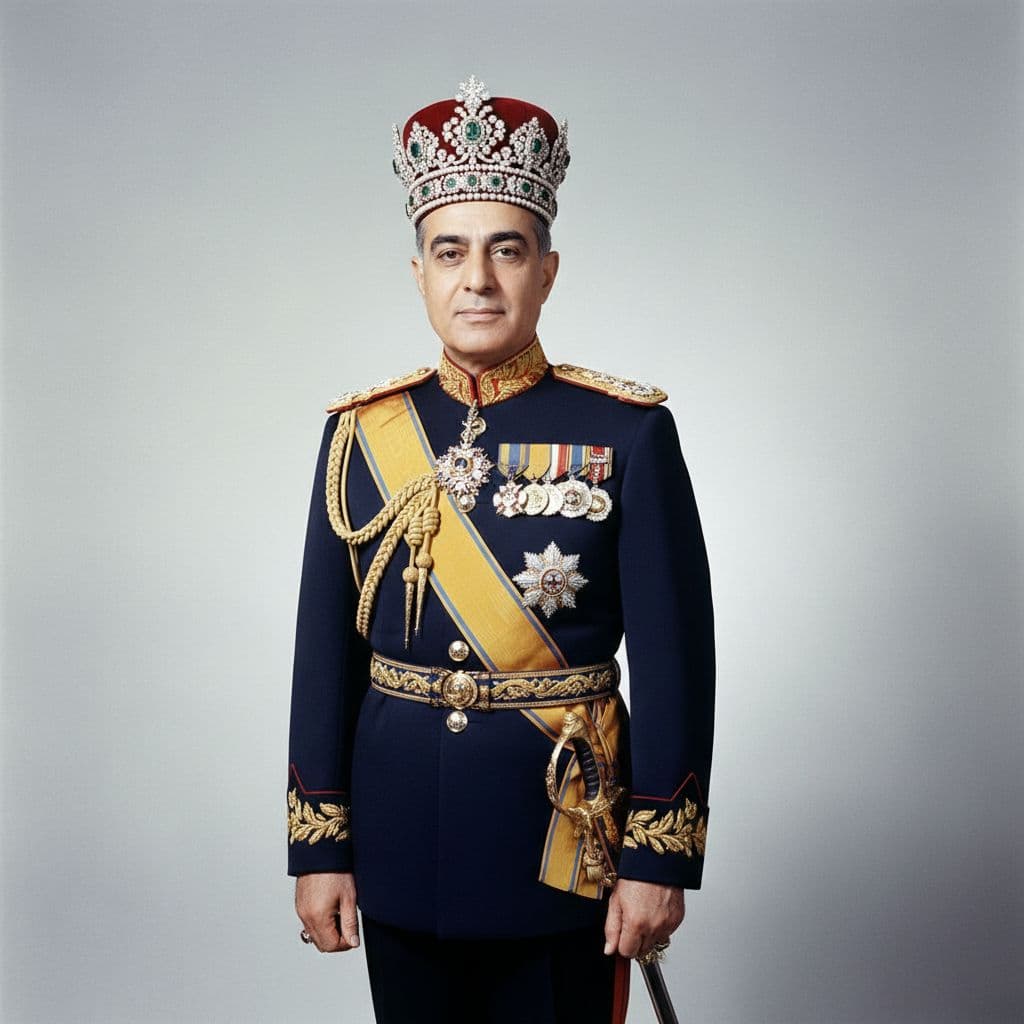 Realistic 1970s photograph of Mohammad Reza Shah Pahlavi, last Shah of Iran, in military uniform with crown jewels medal, confident expression, plain background, studio lighting.