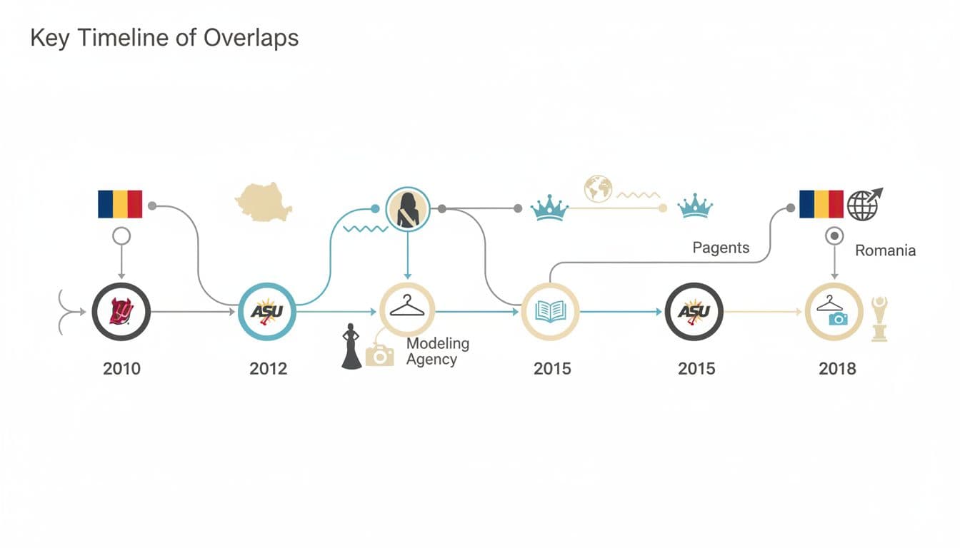 Simple infographic timeline chart connecting dates and events for Romania, ASU, pageants, and modeling agency using icons on a white background with clean lines and neutral colors.