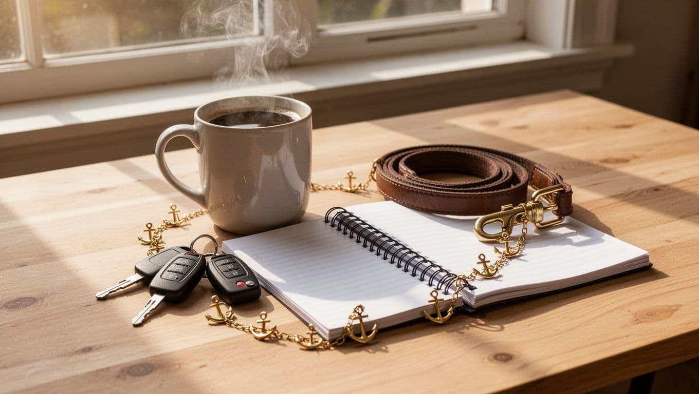 Everyday routine objects—a steaming coffee mug, car keys, coiled dog leash, and open spiral notebook—are loosely connected by thin golden chain links resembling anchors on a light wooden table under warm morning sunlight, in photorealistic style.
