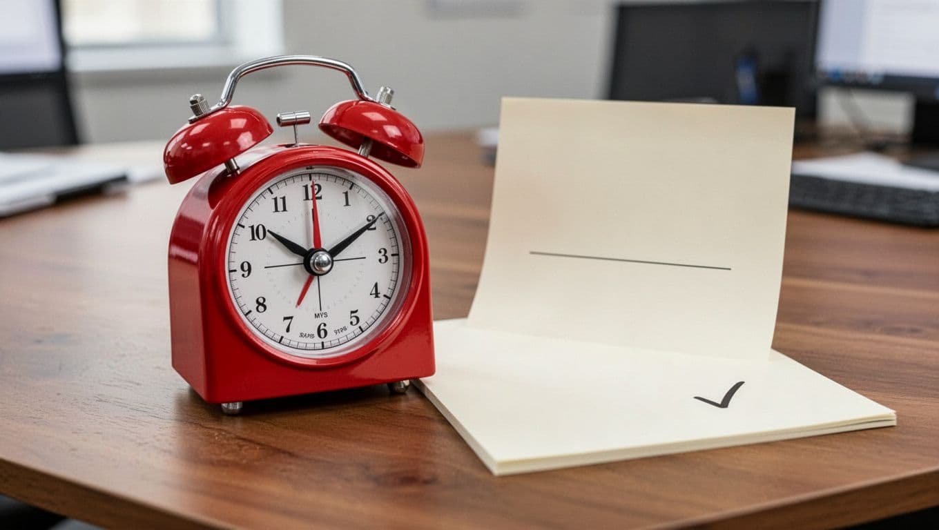 Classic red analog kitchen timer with dial set midway between 10 and 20 minutes on a wooden desk next to a plain notepad showing a simple checkmark. Soft diffused office lighting, highly detailed photorealistic focus on timer and notepad with blurred background.