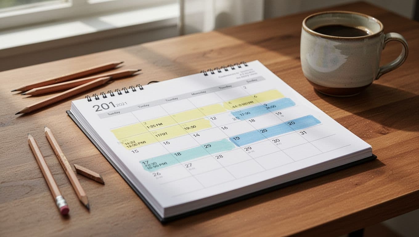 Close-up of a desk calendar page open to today's date with small 10-, 15-, and 20-minute time slots highlighted in pastel yellow and blue on a wooden desk surface. Scattered pencils and a coffee mug appear in the softly lit background with natural window light, in a clean photorealistic style.
